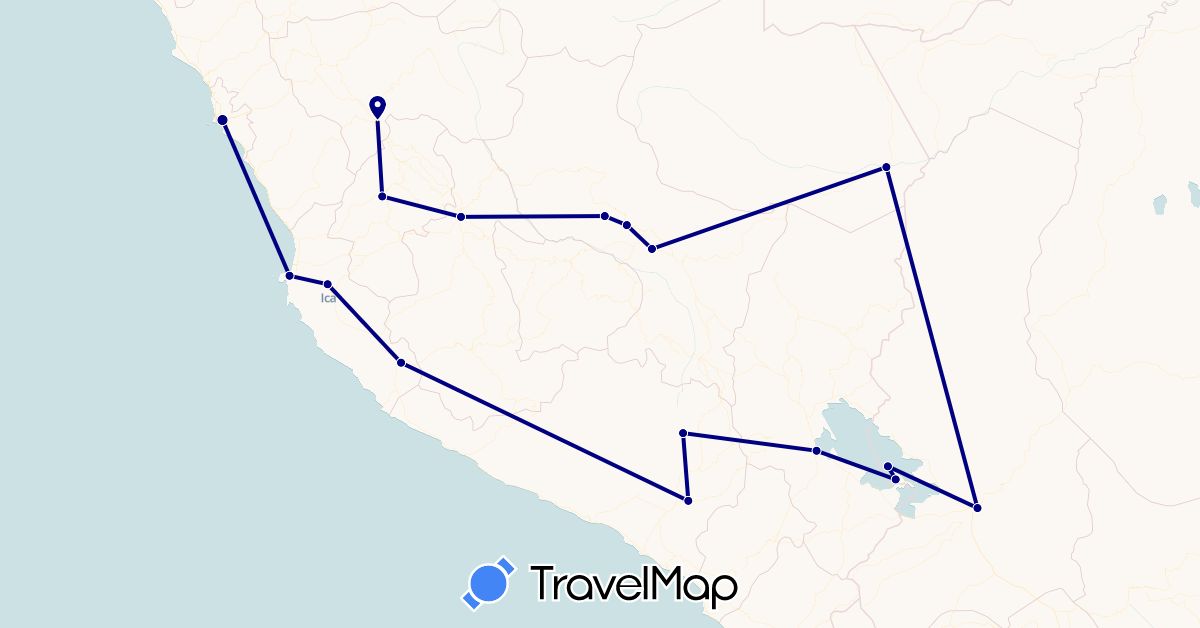 TravelMap itinerary: driving in Bolivia, Peru (South America)
